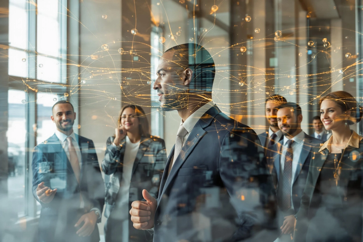 Business professionals in suits with abstract network overlay