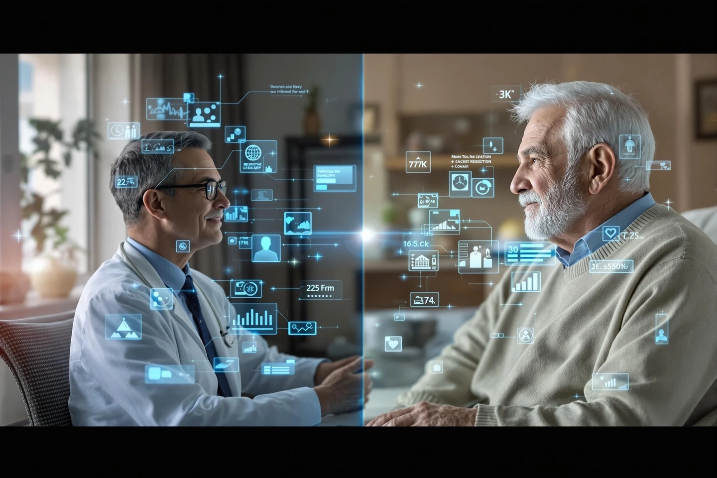 Doctor and senior patient interacting with digital health data graphics.