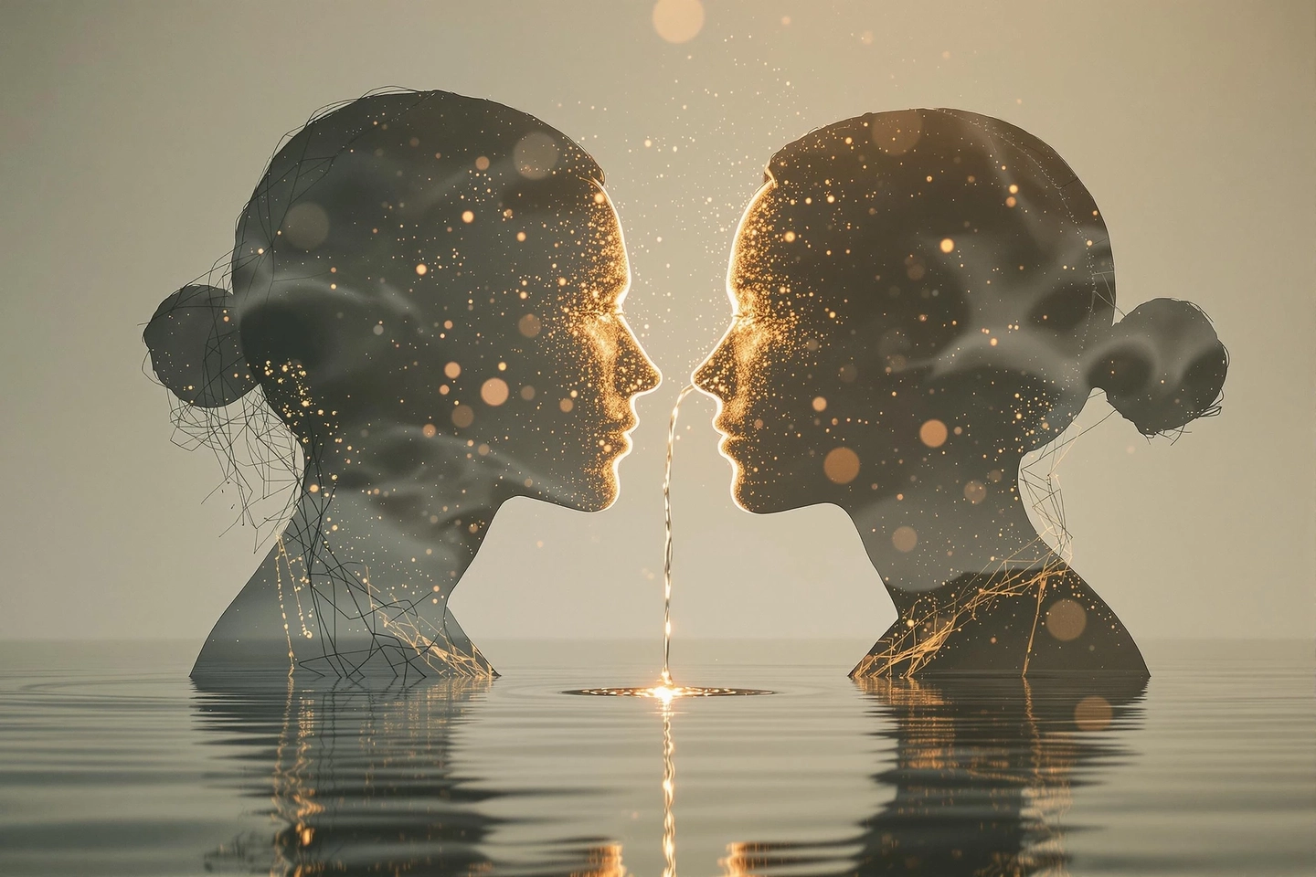 Two silhouetted female profiles with cosmic elements and reflections in water