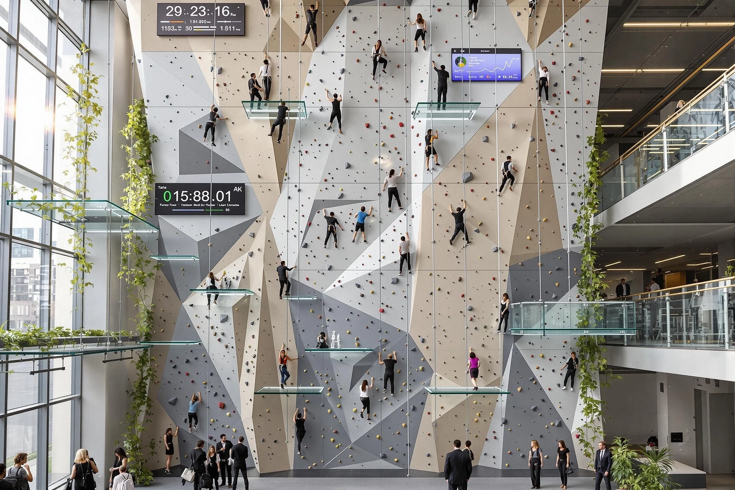 People climbing an indoor climbing wall with multiple levels and routes.