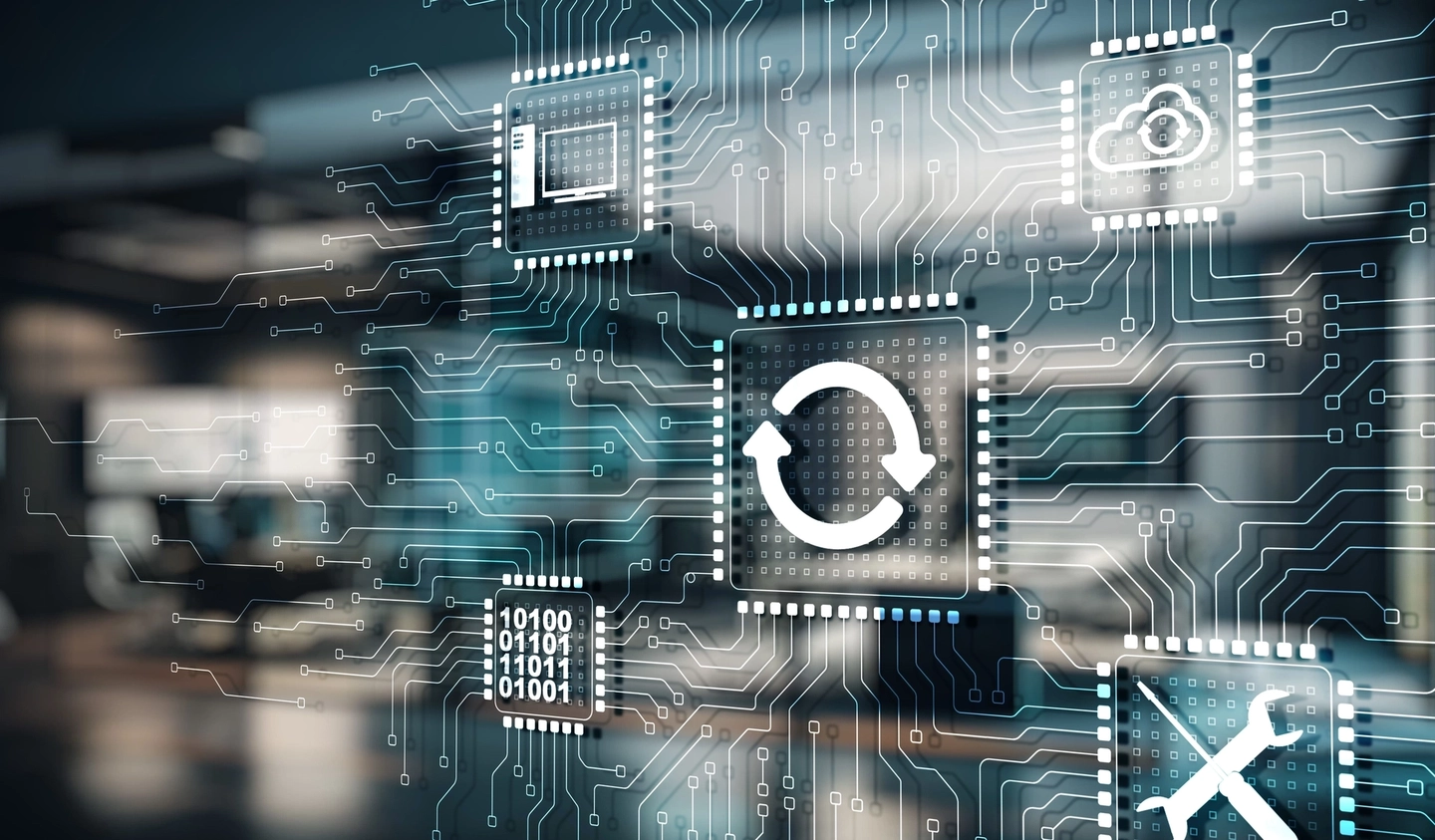 Digital illustration of technology symbols and circuit board in modern office.